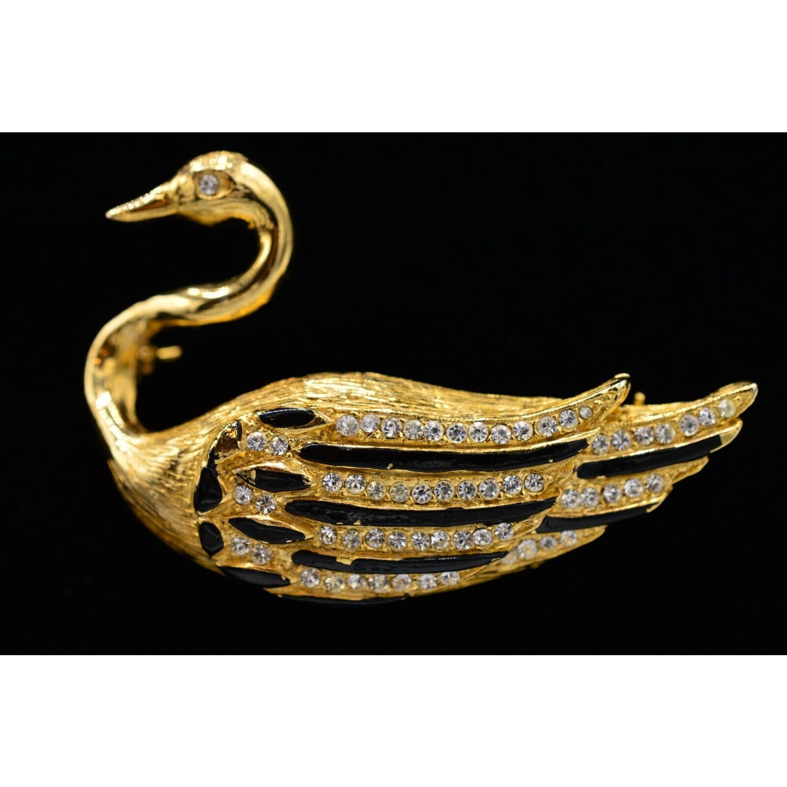 Oleg Cassini Vintage Swan Pin Brooch 1964 Brushed Gold Rhinestone Signed 9b